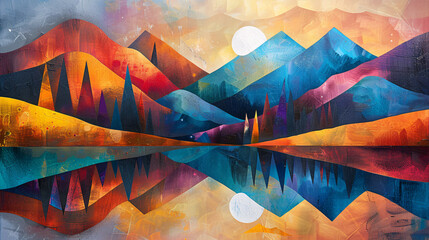 Wall Mural - Modern geometric landscape artwork with an abstract design