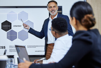 Aufkleber - Presentation, screen and business people in office for planning, strategy and performance review. PPT, speaker and professional team in workshop for meeting, development and business opportunity.
