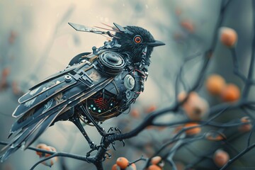 Wall Mural - An image of a cyborg bird with mechanical wings and feathers, perched on a futuristic branch