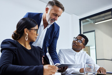 Poster - Business people, meeting and mentor with tablet in office for teamwork, feedback or planning project together. Coaching, diversity and employees for collaboration, review proposal or development team