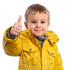 Wall Mural - A young boy in a yellow jacket is giving a thumbs up