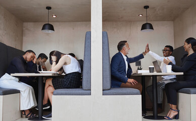 Leinwandbilder - Cafe, meeting and business people with high five for lose, project success or deadline failure. Professional, diversity and employees for teamwork, achievement or frustrated team in booth together