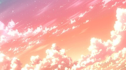 Poster -  A sky filled with numerous white clouds beneath a pink and blue gradient, with a star-filled expanse at its center