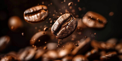 A closeup of coffee beans falling on dark background