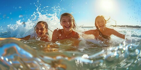 Three happy children are swimming in the ocean.