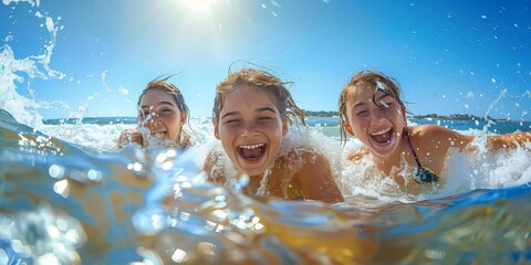 Wall Mural - Three happy children are swimming in the ocean.