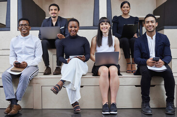 Poster - Laptop, tablet and group of business people in portrait with confidence, teamwork or diversity at digital agency. About us, men and women at tech startup with smile, opportunity or professional pride