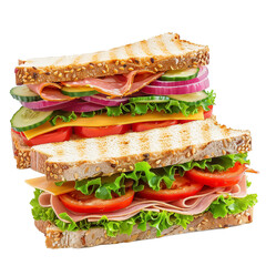 Wall Mural - A stack of sandwiches with a variety of ingredients including turkey, bacon