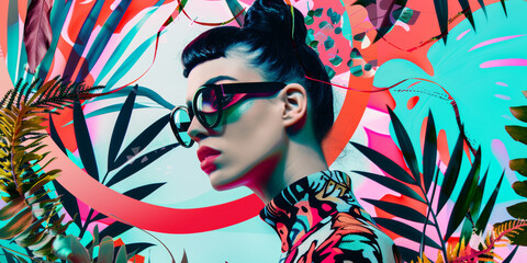 Wall Mural - Vibrant Fashionable Woman With Retro Glasses Amidst Colorful Jungle Inspired Abstract Art