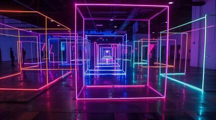 Poster - A neon light maze illuminates a dark expo hall, offering visitors a vibrant and immersive experience.