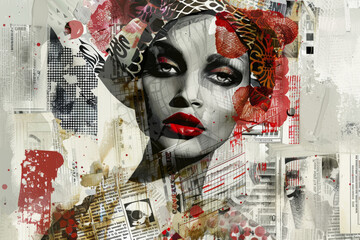 Wall Mural - Abstract Portrait of Woman in Mixed Media Style with Red Accents and Newsprint Elements