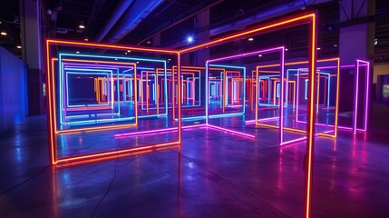 Wall Mural - Abstract neon lights form a mesmerizing maze in a dark expo hall, creating an immersive, surreal experience.