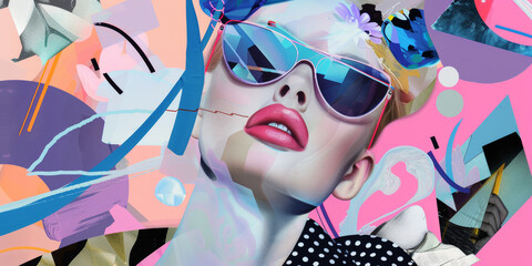 Wall Mural - Abstract Mixed Media Portrait of Fashionable Woman with Sunglasses and Bold Colors