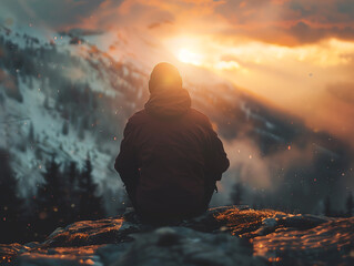 A person in a hooded jacket sits on a mountain, contemplating the serene view of a snowy landscape at sunset.