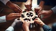 © Varunee - Hands close-up of group multiethnic business people connect wooden gears in the center. Arial view. Success cooperation teamwork concept, connection technology concept