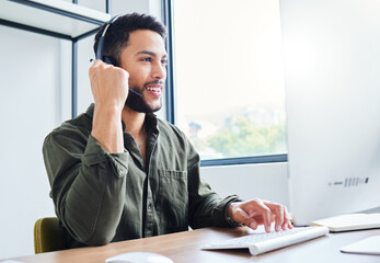 Poster - Call center, telemarketing and business man in office with computer and headphones for web consulting. Conversation, tech and internet consultant with online work at company with communication