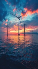 Wall Mural - Wind Turbines. Offshore Wind Farm at Sunset. Clean Energy Concept.