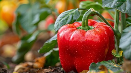 Wall Mural -  A red pepper, tightly focused, grows atop a plant adorned with verdant leaves Background comprises additional plants Water beads glisten on pepper's peak and base
