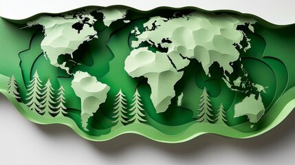 Map of the earth in color with the americas and asia regions on a white background. Green three dimensional papercut illustration of the globe sphere.