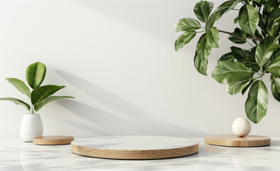 Abstract background for product presentation with a round wooden podium, green plants and a sunlight shadow on a white wall. Minimal scene for cosmetic products in the style of natural. CreatedwithAi 
