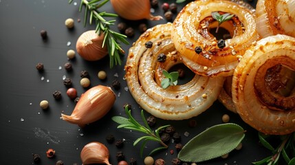 Wall Mural - Ingredients for cooking on a white background. Fresh fresh 3D onion rings, herbs leaves and spices. A realistic vegetable layout with copy space.