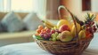 © Bantita - Closeup of a beautifully arranged welcome basket in a hotel room, featuring fruits and snacks, emphasis on guest satisfaction and hospitality, professional photography ,8k ,UHD