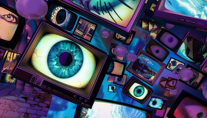Fototapete - Trippy Retro Hypnosis: A Surreal Artwork Collage Inspired by TV, Monitors, and Comics