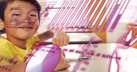 Poster - Image of graphs, globe and computer language over asian boy using digital tablet in classroom