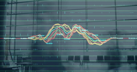 Poster - Image of data processing and diagram over people walking