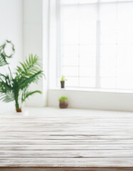 Aufkleber - Empty table board and defocused indoor background. product display concept, high key light