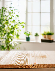 Poster - Empty table board and defocused indoor background. product display concept, high key light