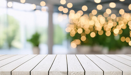 Aufkleber - Empty table board and defocused indoor background. product display concept, high key light
