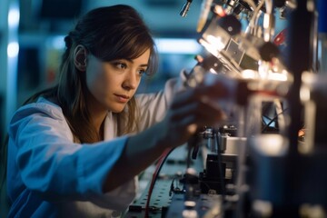 Wall Mural - Female engineer examining machine part on a production line. Quality control worker analyzing machine part on a manufacturing machine