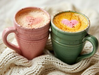 Canvas Print - Two cups of hot chocolate with hearts in them on a blanket. Generative AI.