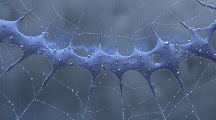  A close-up of a water droplet on a spider web, with dewdrops adorning the thread's center