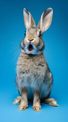 Poster - A rabbit sitting on a blue background with its mouth open. Generative AI.