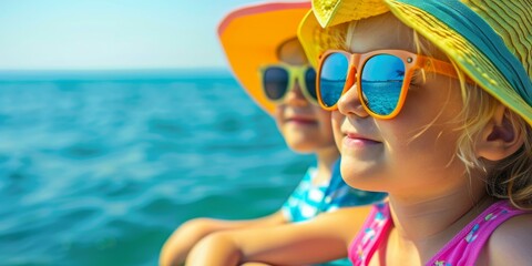 Canvas Print - Two little girls wearing sunglasses and hats on a boat. Generative AI.