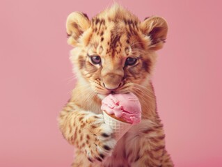 Sticker - A small tiger cub eating an ice cream cone on a pink background. AI.