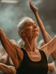 Canvas Print - An older woman in a black tank top doing yoga. AI.