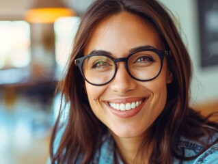 Wall Mural - A woman with glasses smiling and wearing a denim jacket. AI.