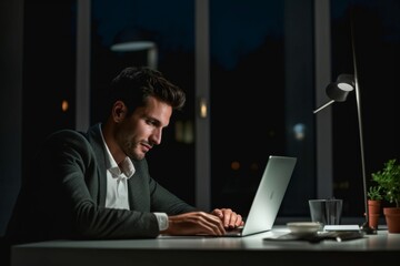 Wall Mural - Happy Businessman Working At Home Office At Night