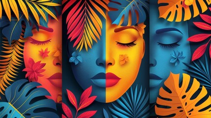 Wall Mural - An abstract art poster print on an isolated background featuring woman's face, jungle leaf, geometric shape. A colorful summer decoration frame bundle is included in the set.