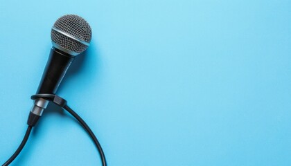 Fototapete - Echoes of Expression: Microphone Art Collage on Blue Background - A Fusion of Interview and Advertis