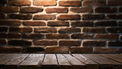Aufkleber - Wood table in front of rustic brick wall blur background with empty copy space on the table for product display mockup. Retro design montage presentation, low light