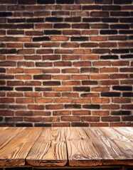 Aufkleber - Wood table in front of rustic brick wall blur background with empty copy space on the table for product display mockup. Retro design montage presentation, low light