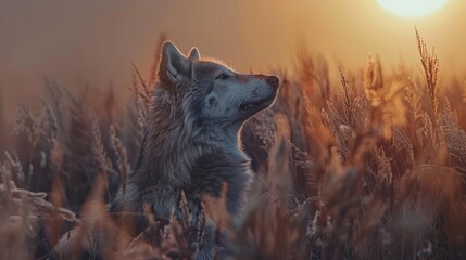 Wall Mural -  A wolf stands in the middle of a field of tall grass as the sun sets, with a backdrop of a similarly tall grass field