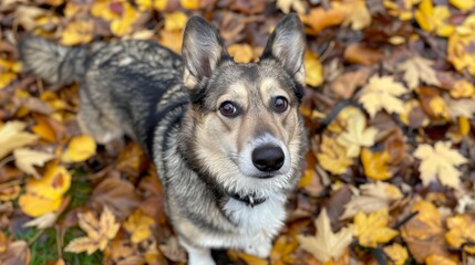 Wall Mural -  A tight shot of a dog among a mound of leaves, its ear cocked to the side, gazing upward at the camera