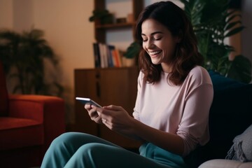 Wall Mural - Happy Woman Using Mobile Phone At Home Smiling woman with dental braces typing text message on her smartphone while sitting on the floor in the living room