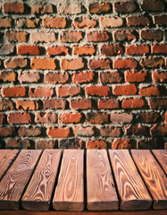 Aufkleber - Wood table in front of rustic brick wall blur background with empty copy space on the table for product display mockup. Retro design montage presentation, low light