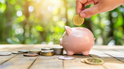 Saving Money Concept. A hand putting a gold coin into a piggy bank.